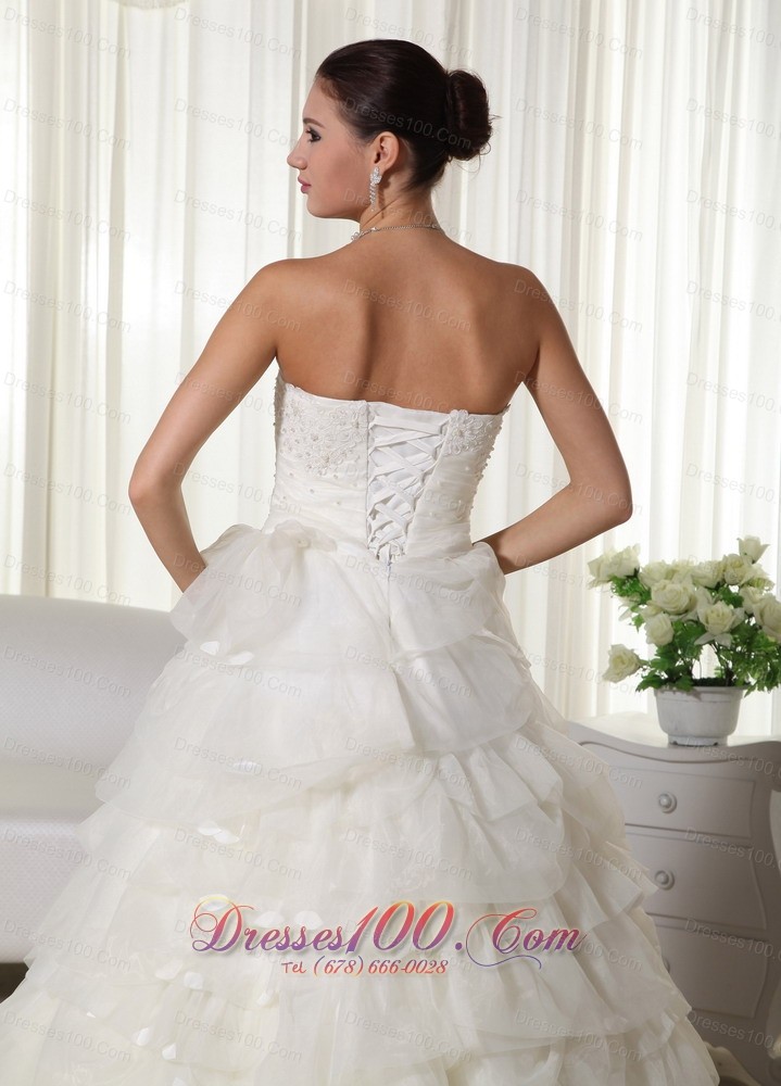 Strapless Wedding Bridal Dress Chapel Train Organza Appliques