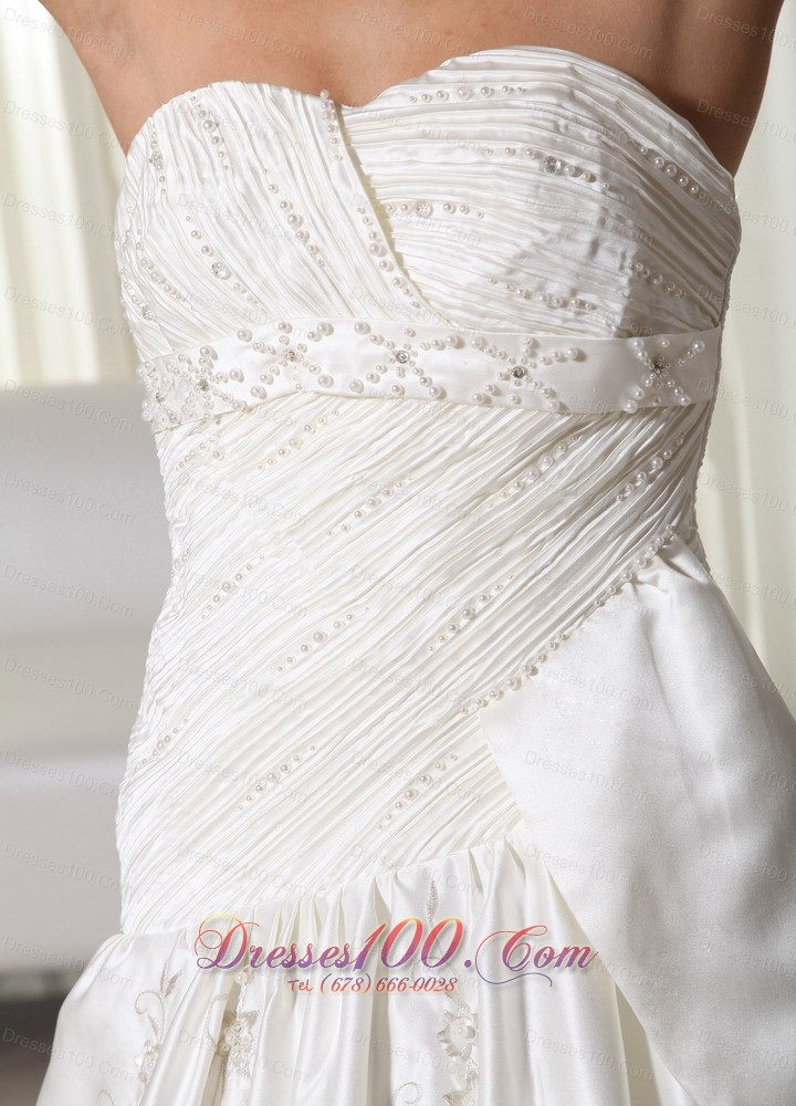 Sweetheart Satin Wedding Dress Embroidery A-line Chapel Train