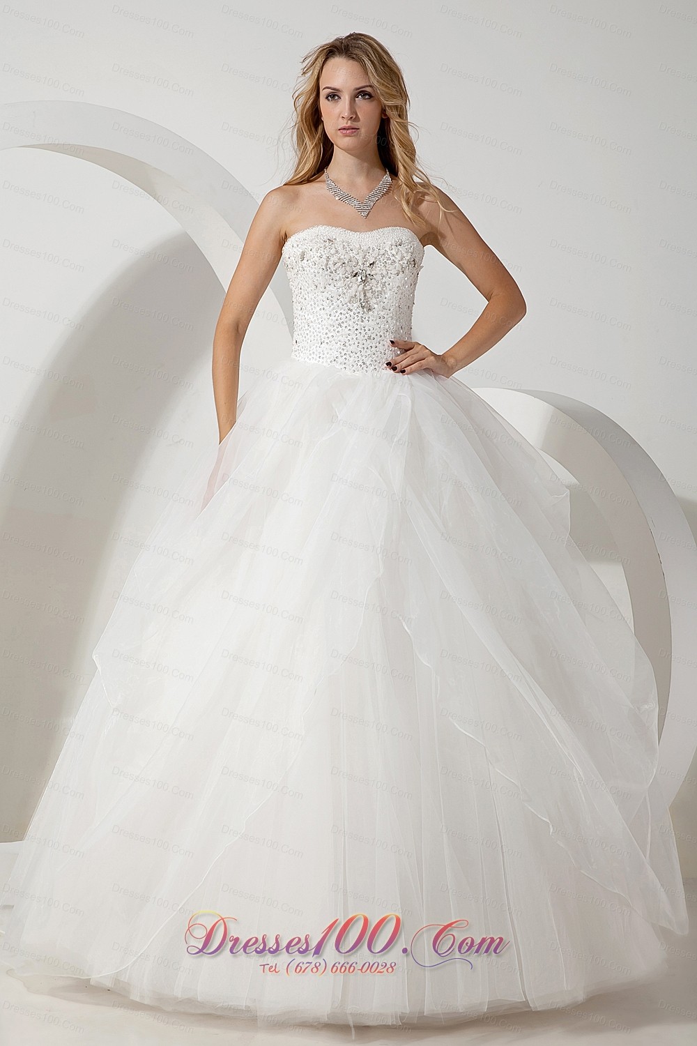 Strapless Tulle Ball Gown Wedding Dress Floor-length Beading