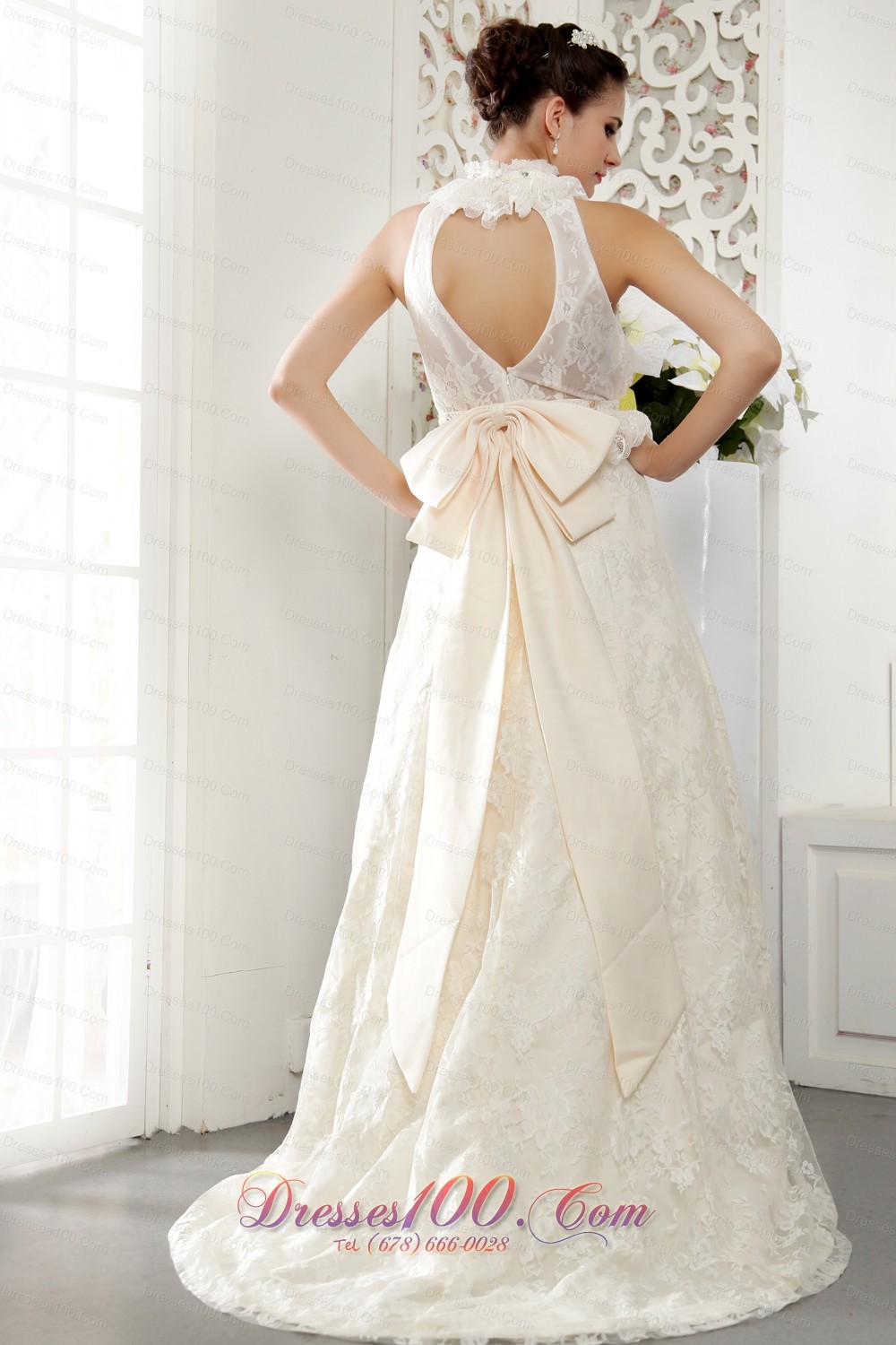 High-neck Beading and Ruch Wedding Dress Brush Train Lace