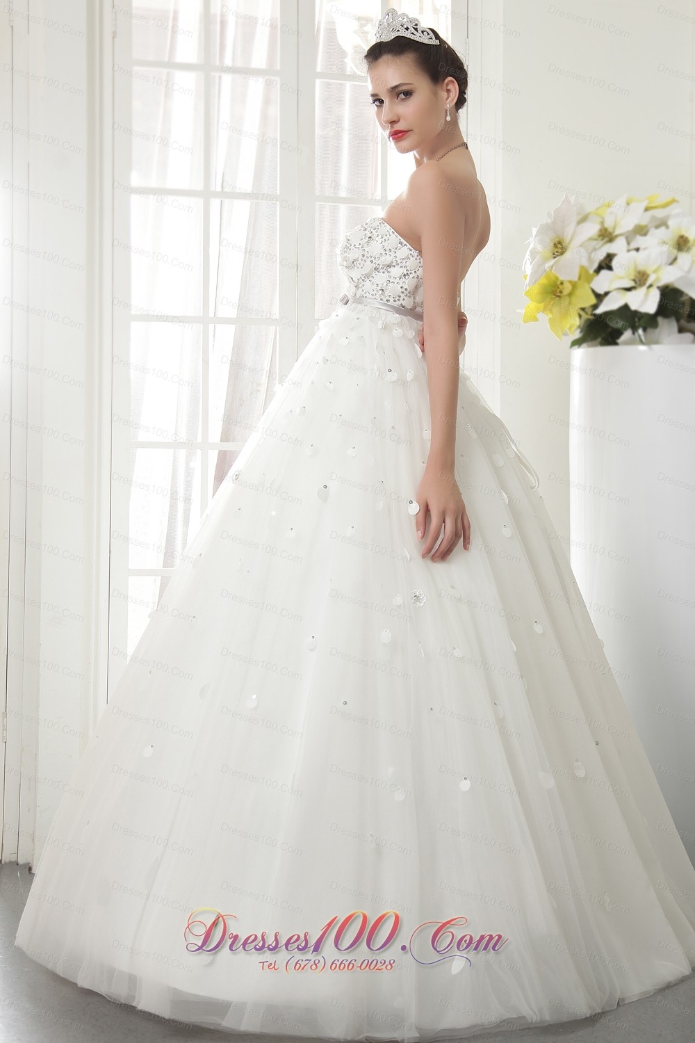 Floor-length Bridal Wedding Dress Princess Strapless Beading Tulle
