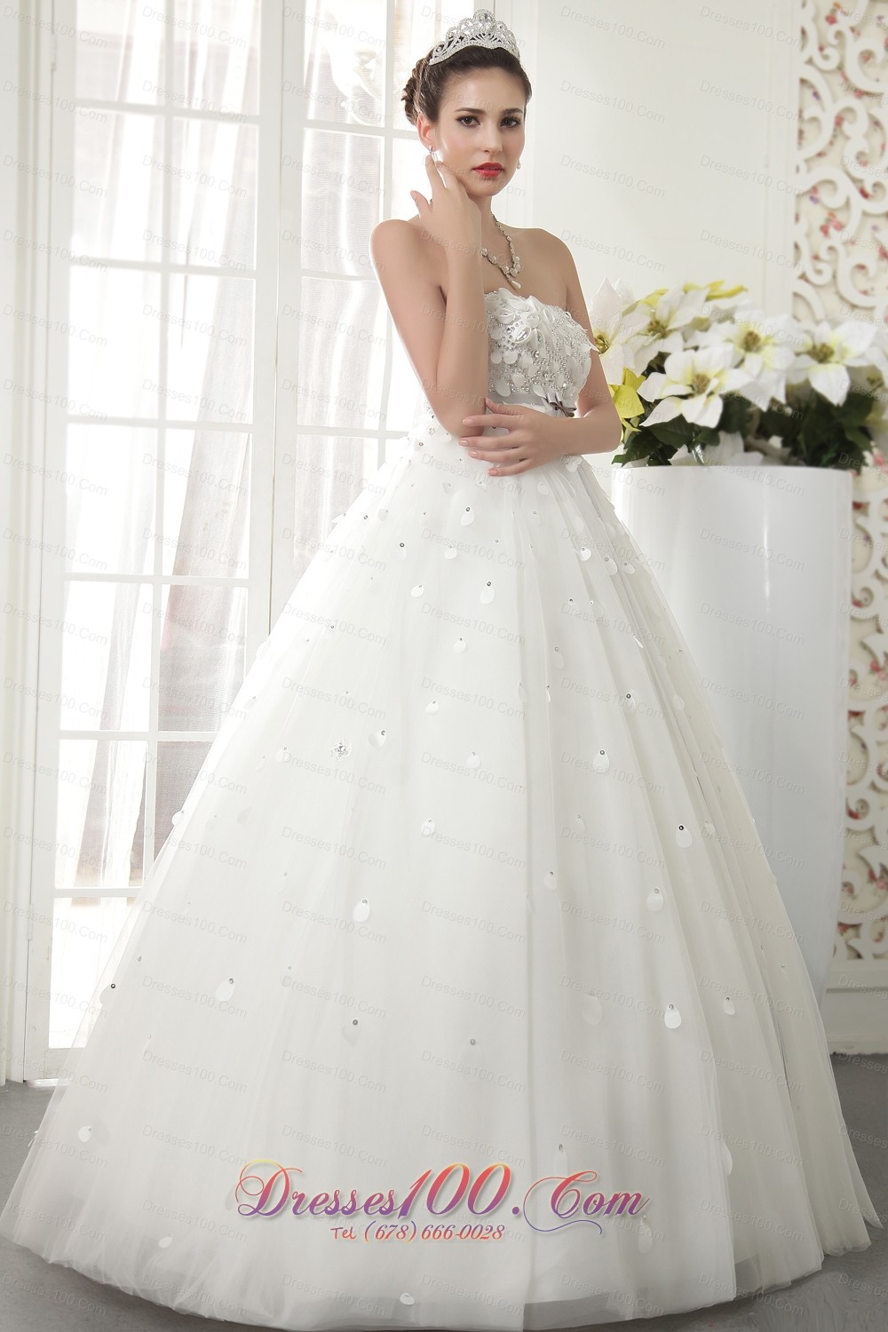 Floor-length Bridal Wedding Dress Princess Strapless Beading Tulle