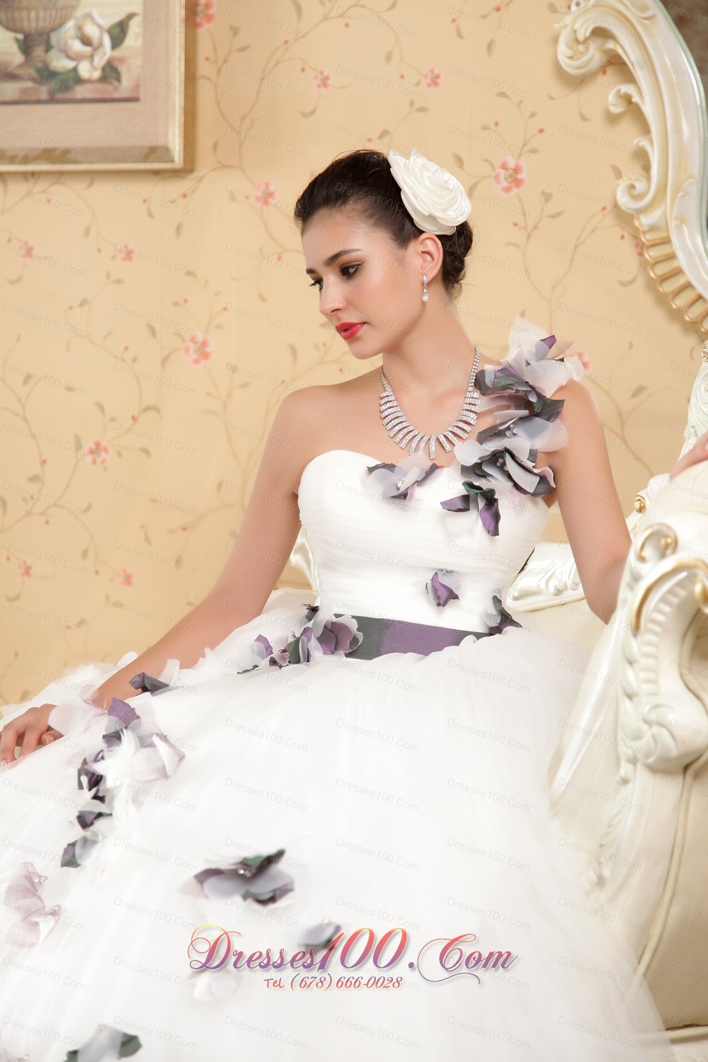 One Shoulder Ball Gown Tulle Hand Flowers Wedding Dress