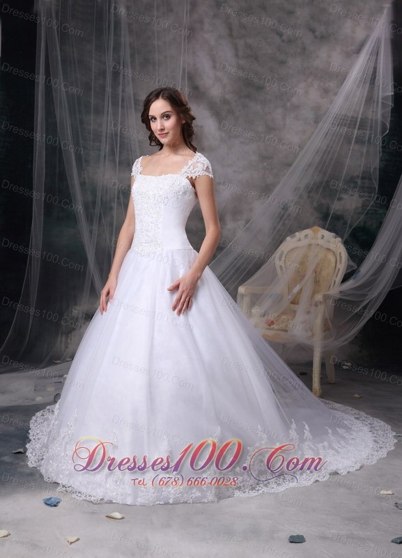 Customize Square Lace Court Train Wedding Dress Cap Sleeves