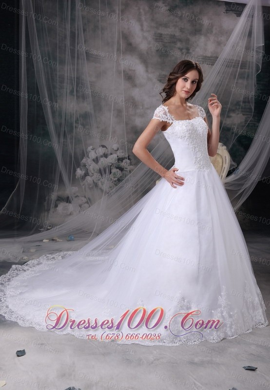 Customize Square Lace Court Train Wedding Dress Cap Sleeves