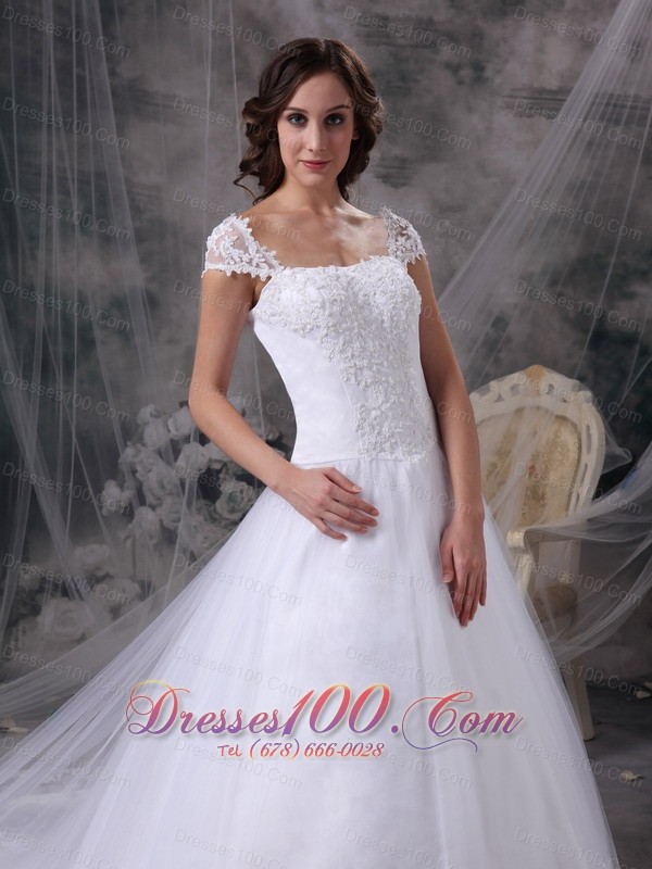 Customize Square Lace Court Train Wedding Dress Cap Sleeves