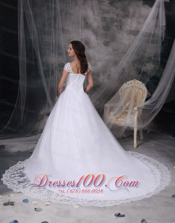 Customize Square Lace Court Train Wedding Dress Cap Sleeves