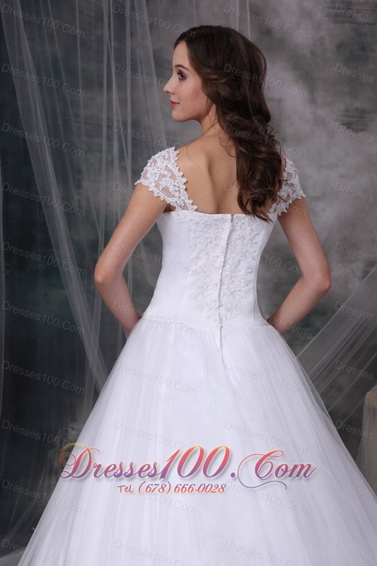 Customize Square Lace Court Train Wedding Dress Cap Sleeves