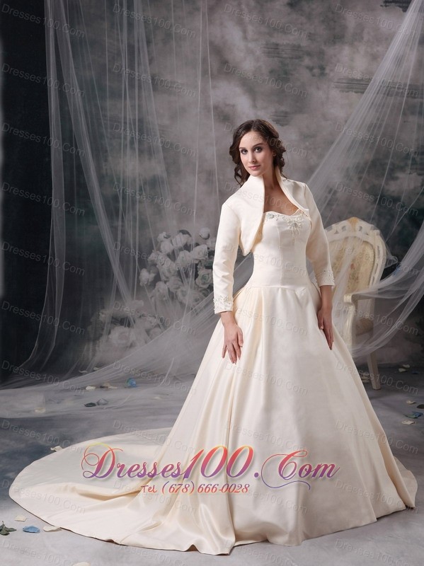 Champagne Sweetheart Appliques Wedding Dress Chapel Train