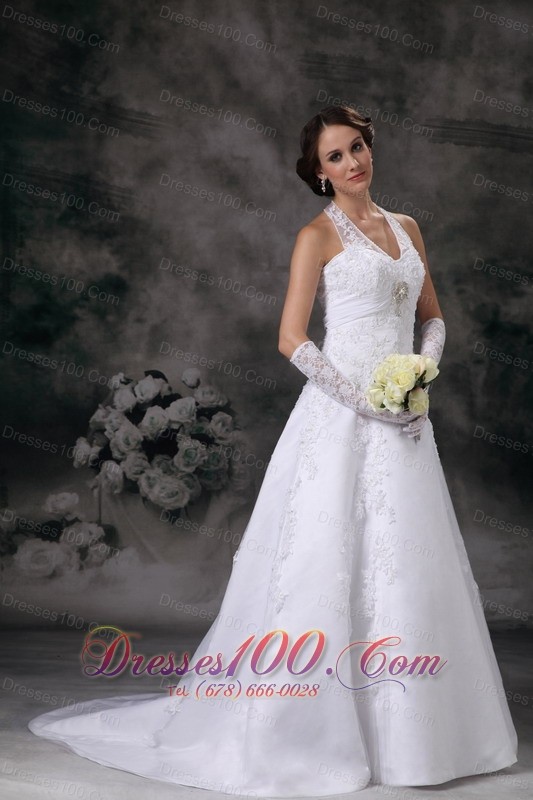Applique A-line Halter Court Train Lace Beading Wedding Dress