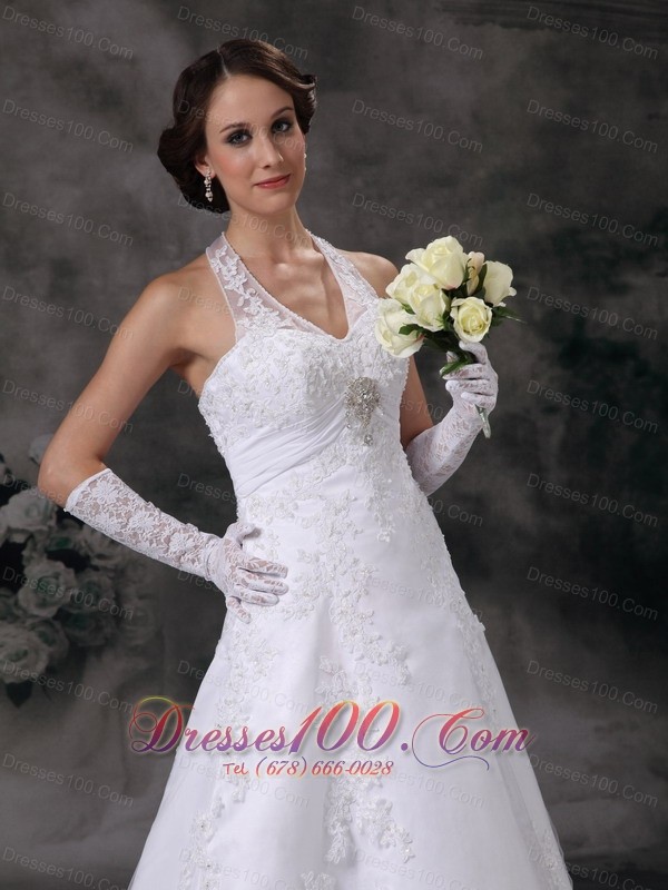 Applique A-line Halter Court Train Lace Beading Wedding Dress