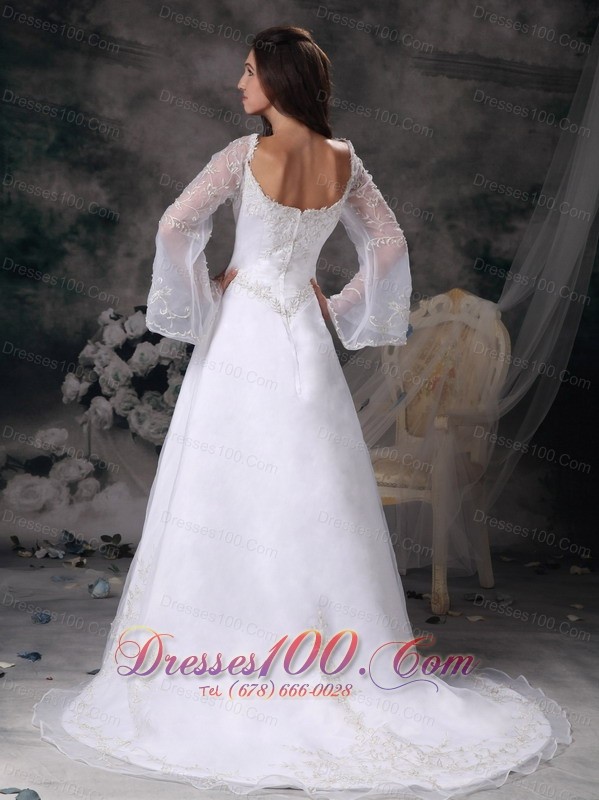 A-line Square Wedding Dress Long Sleeves Appliques Court Train