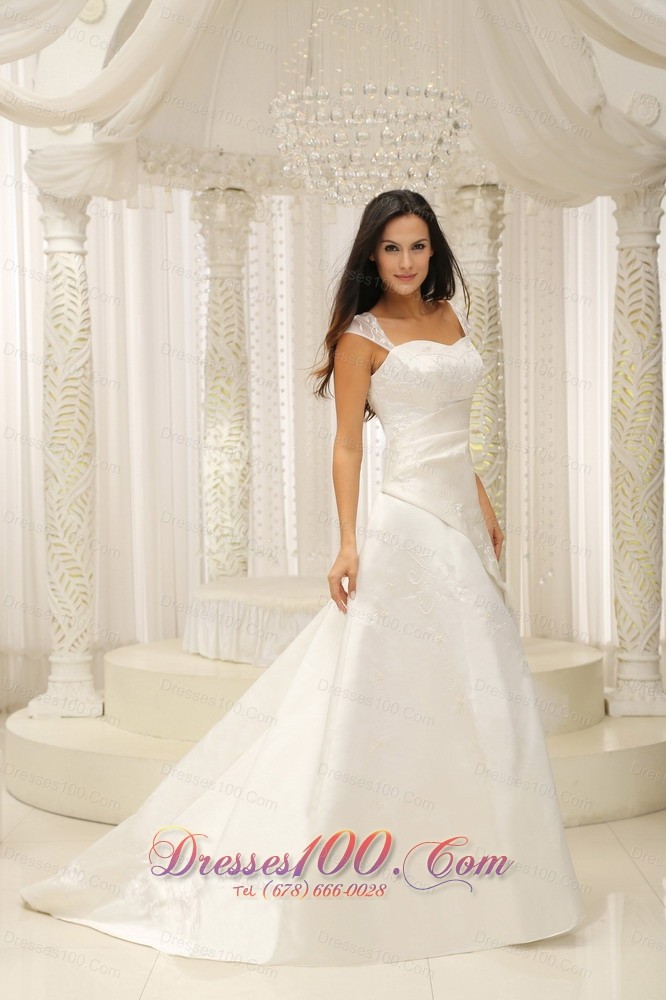 Square Neck Embroidery With Beading On Satin Wedding Dress