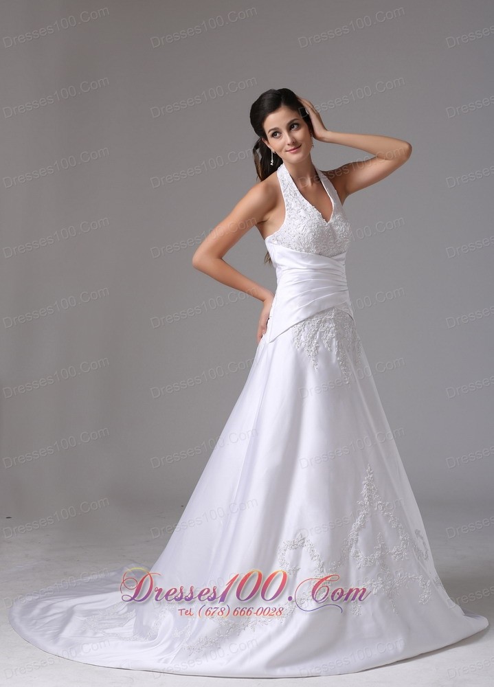 Custom Made Halter Bridal Dress Embroidery Wrapped Waist