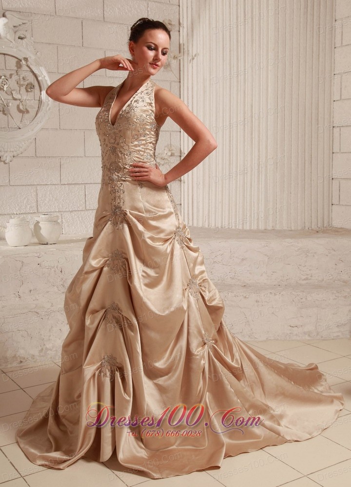 Customize Halter Champagne Dress Appliques Themed Wedding