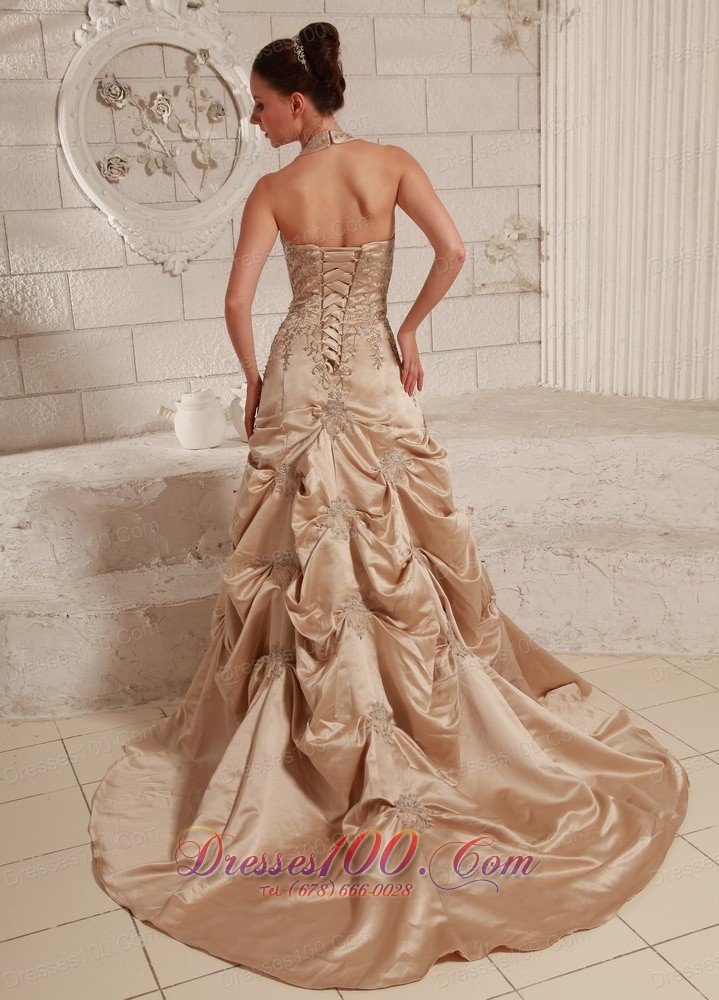 Customize Halter Champagne Dress Appliques Themed Wedding