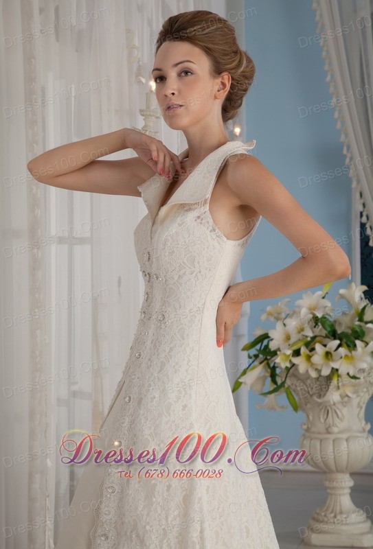 Unique Lace Rhinestones Apron Wedding Dress V-Neck Collar