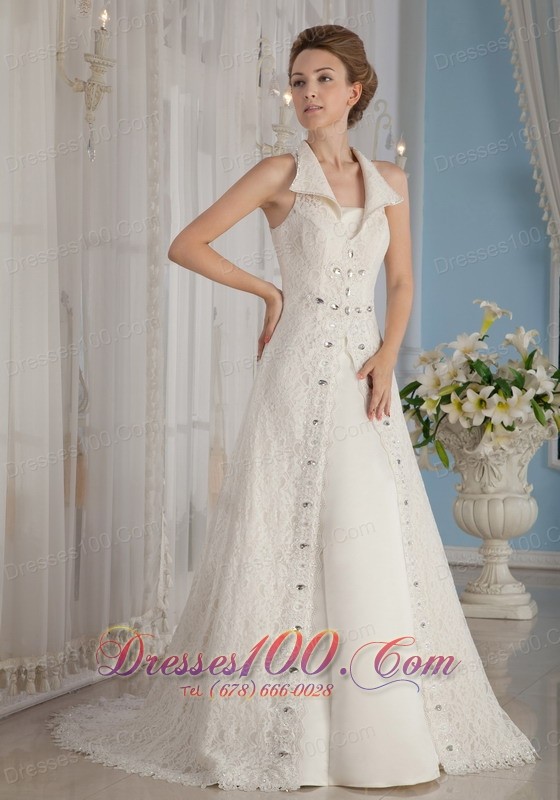 Unique Lace Rhinestones Apron Wedding Dress V-Neck Collar