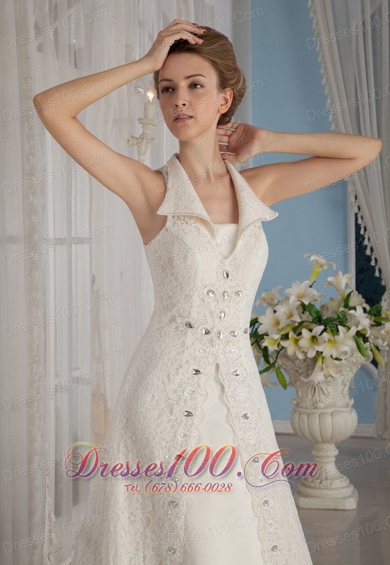 Unique Lace Rhinestones Apron Wedding Dress V-Neck Collar