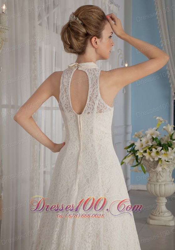 Unique Lace Rhinestones Apron Wedding Dress V-Neck Collar