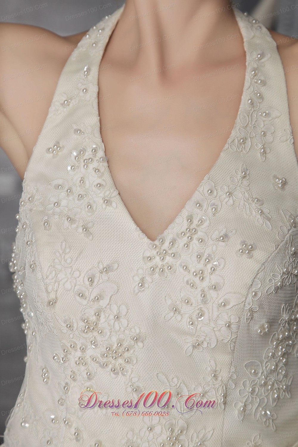 Halter Lace Apron Wedding Dress Brush Train Satin Pearls