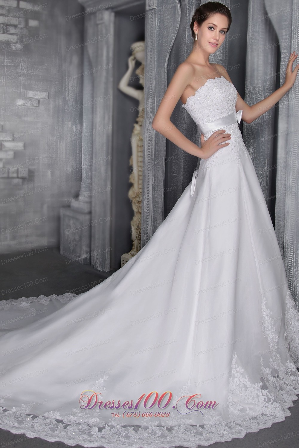 White Princess Bridal Gowns Chapel Train Lace Gingle Border