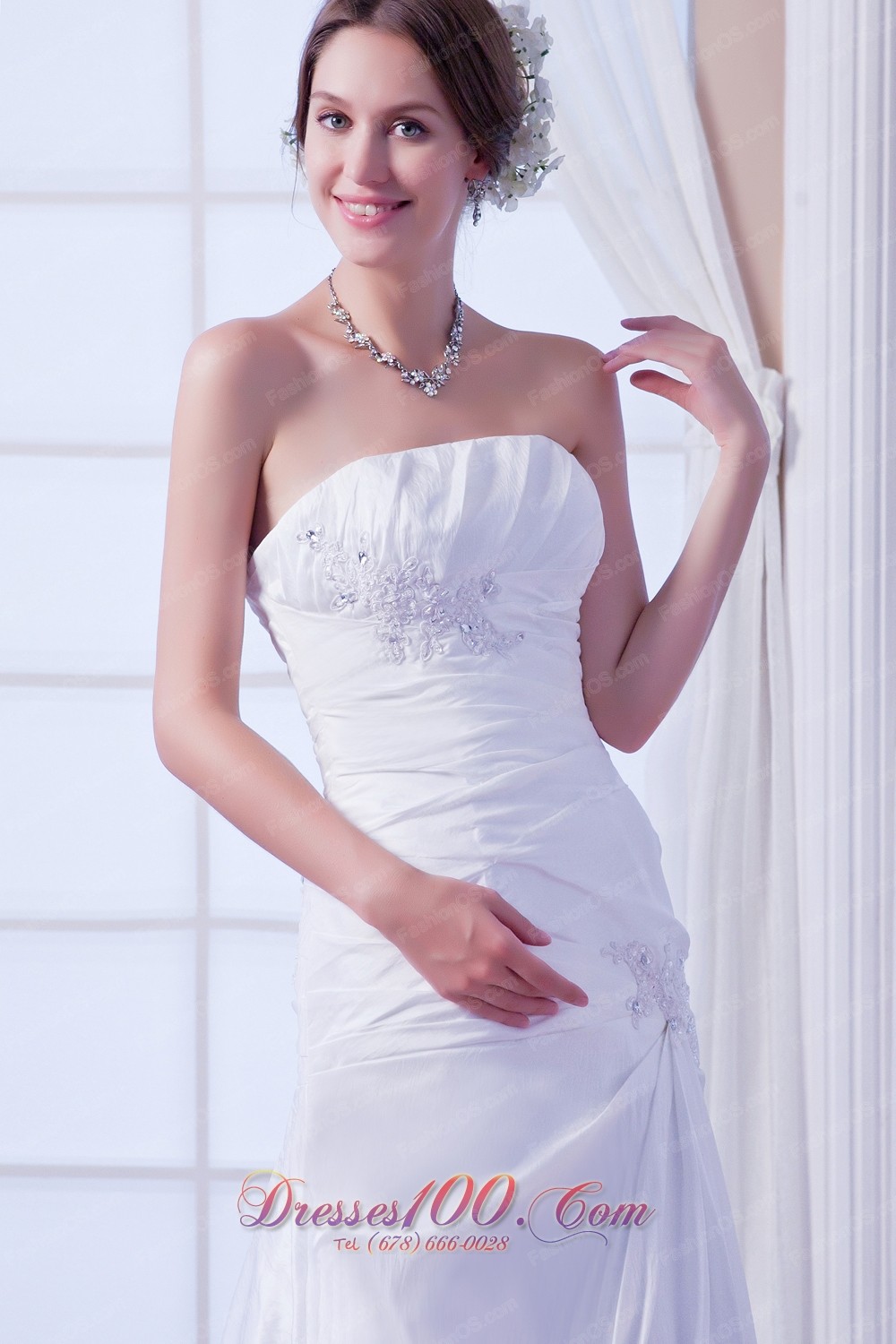 A-line White Wedding Reception Dress Beaded Chapel