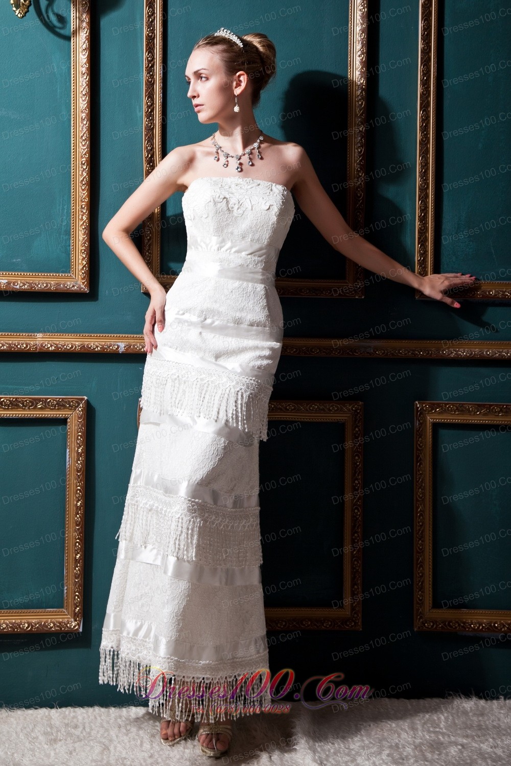 Unique Column Ankle-length Lace Wedding Dress Special Fabric
