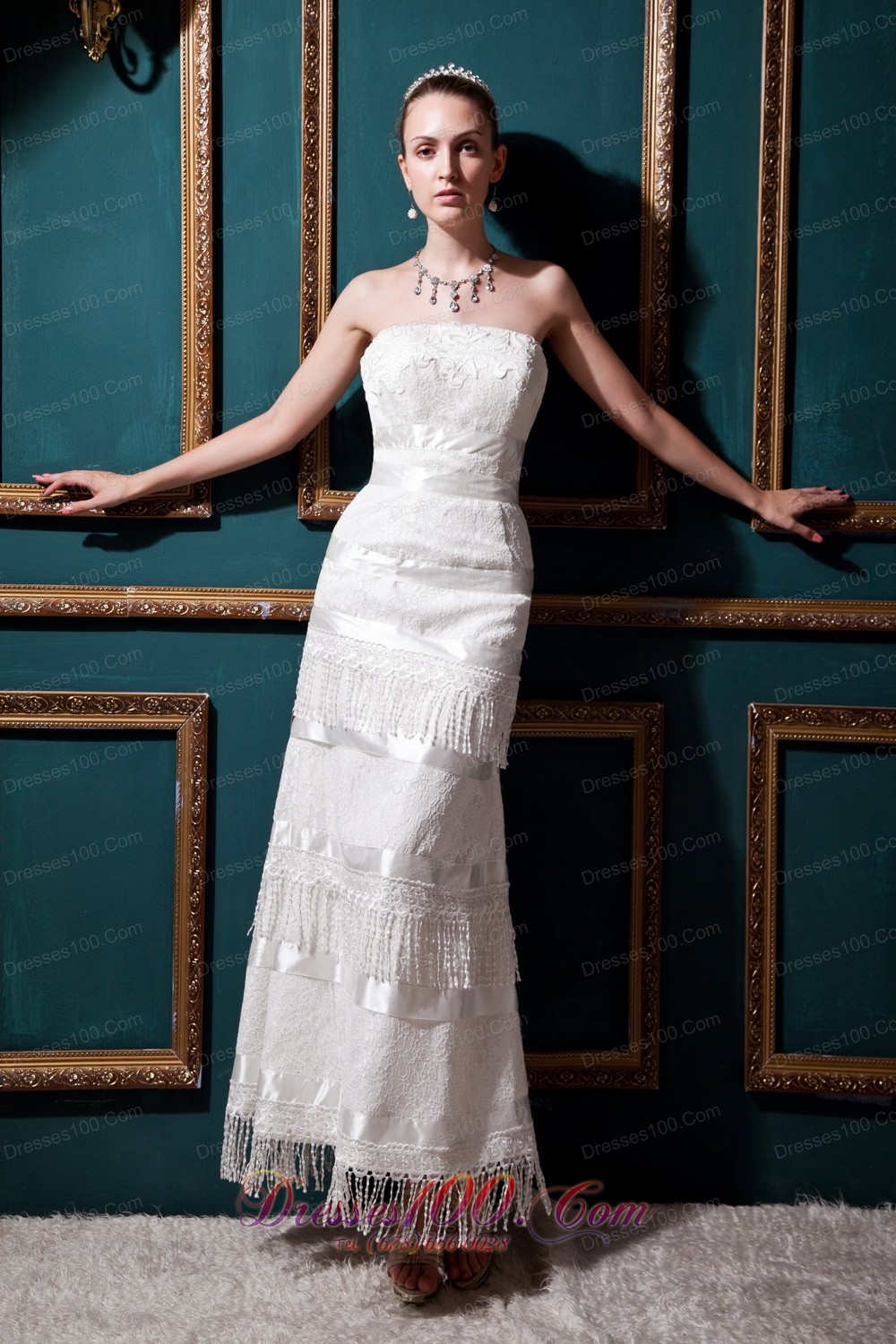 Unique Column Ankle-length Lace Wedding Dress Special Fabric