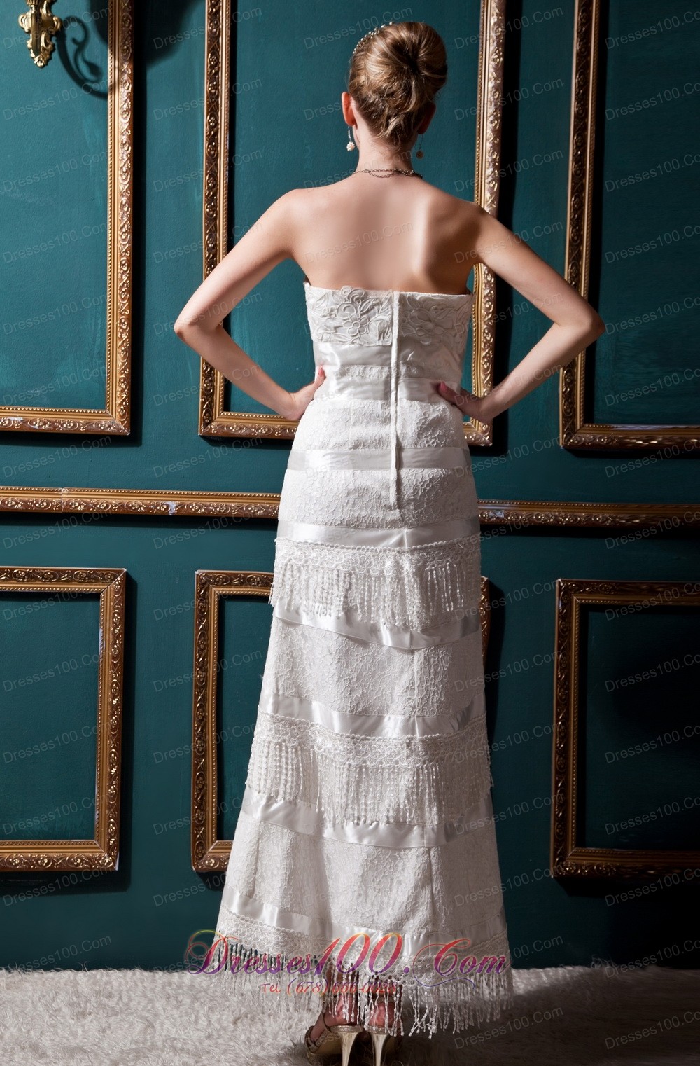 Unique Column Ankle-length Lace Wedding Dress Special Fabric