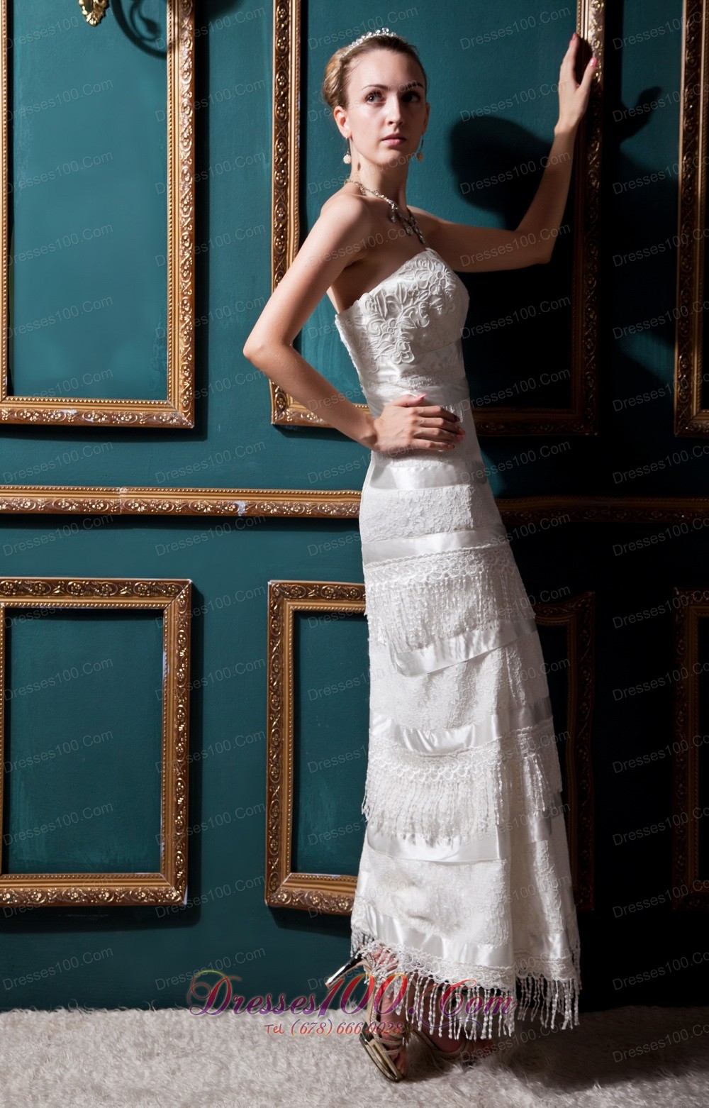 Unique Column Ankle-length Lace Wedding Dress Special Fabric