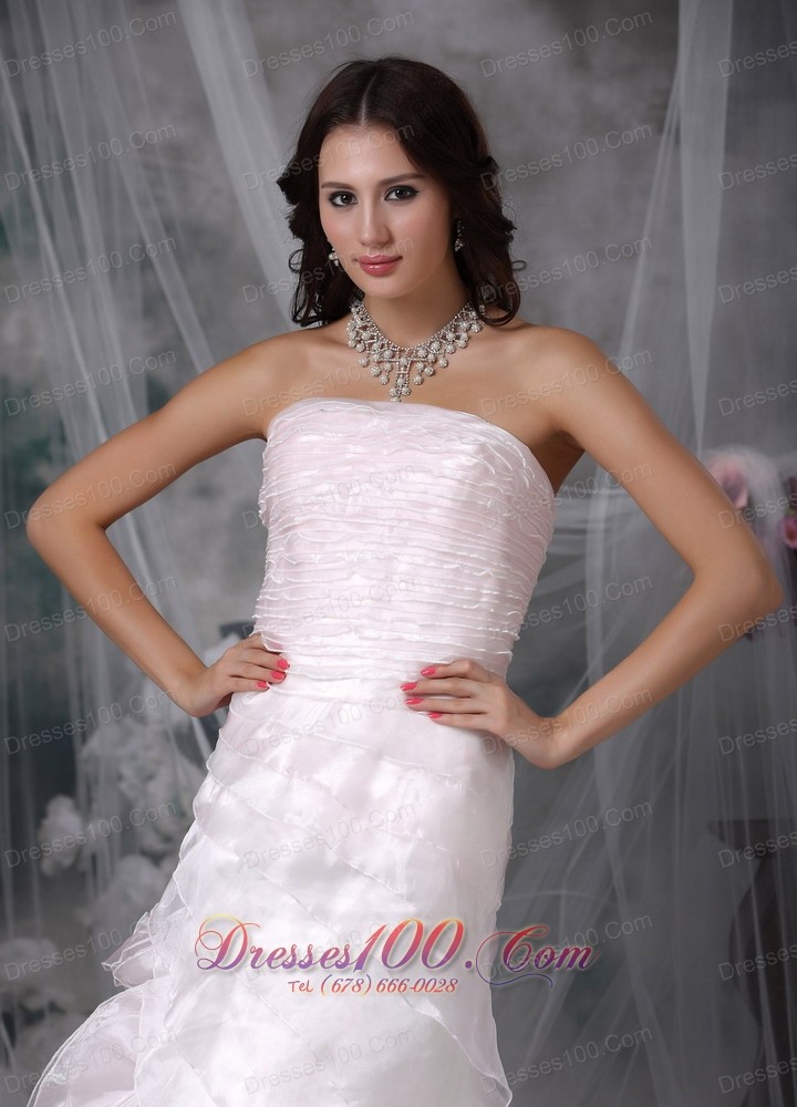 Buttons Ruffled Bridal Dress A-line Brush Train Organza