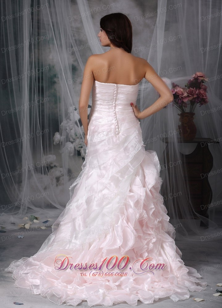 Buttons Ruffled Bridal Dress A-line Brush Train Organza