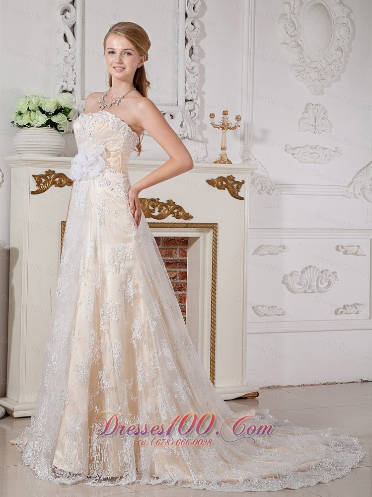 Lovely Champagne Empire Wedding Dress Lace Court Train