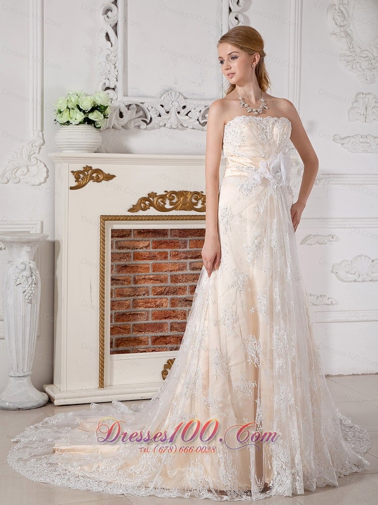 Lovely Champagne Empire Wedding Dress Lace Court Train