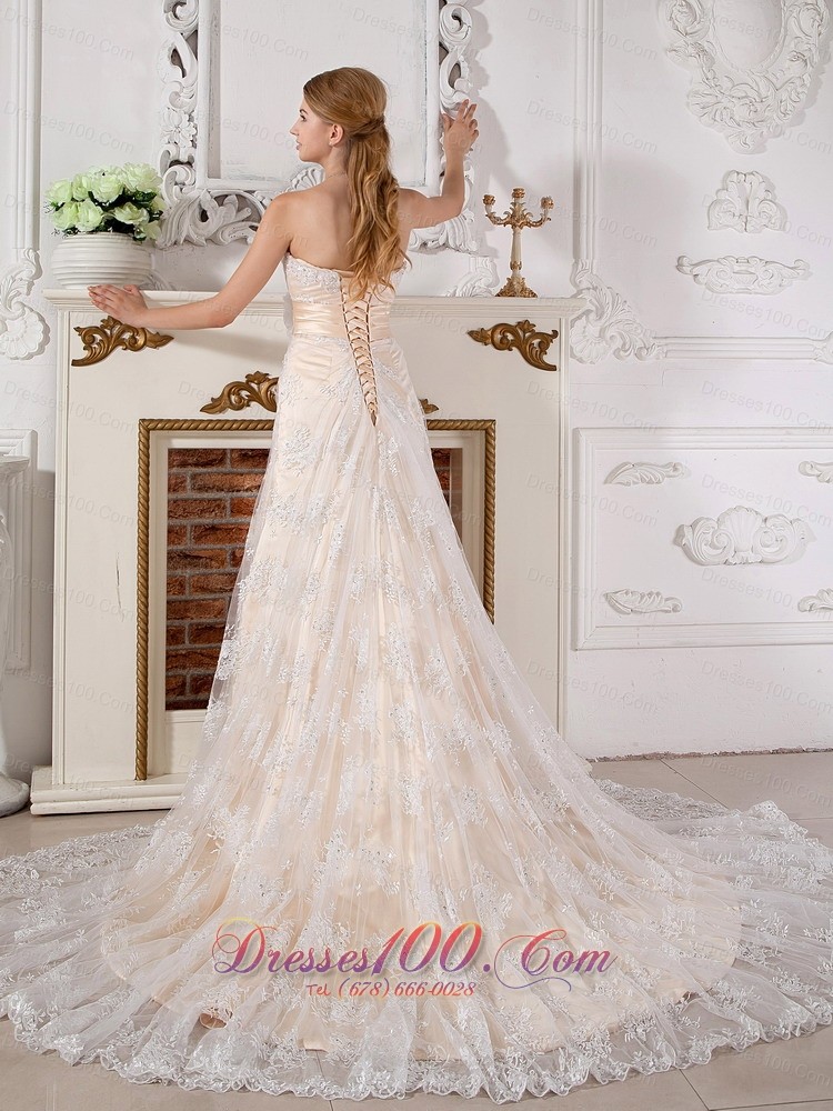 Lovely Champagne Empire Wedding Dress Lace Court Train