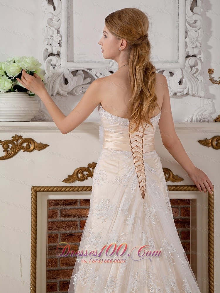 Lovely Champagne Empire Wedding Dress Lace Court Train