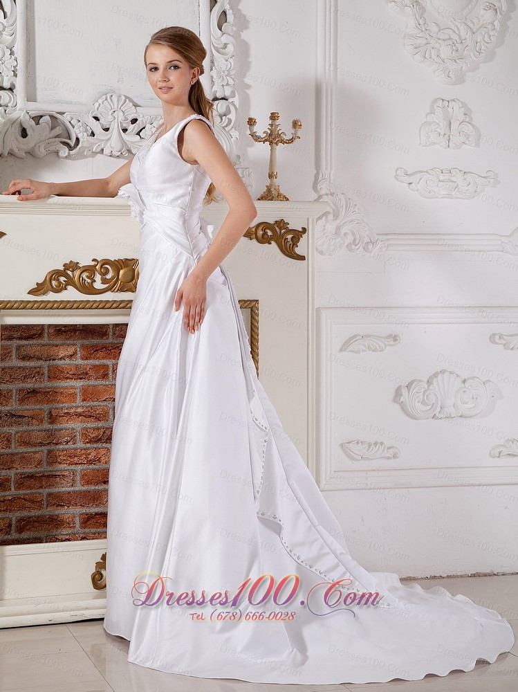 Affordable Wedding Bridal Dress A-line V-neck Piece Satin
