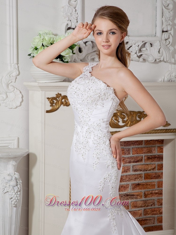 Lace Wedding Dress Mermaid One Shoulder Court Train Satin