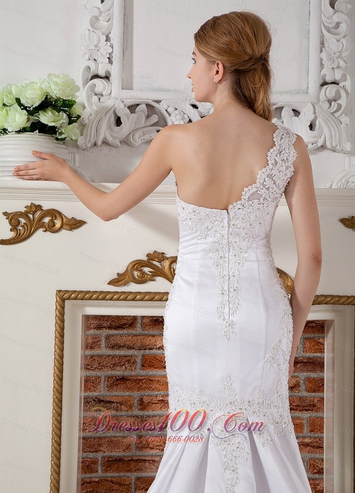 Lace Wedding Dress Mermaid One Shoulder Court Train Satin