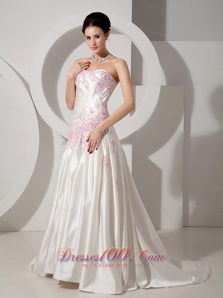 Classical Wedding Dress Colored Appliques Court Train Satin