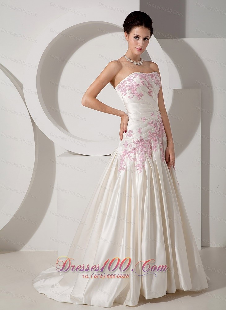 Classical Wedding Dress Colored Appliques Court Train Satin