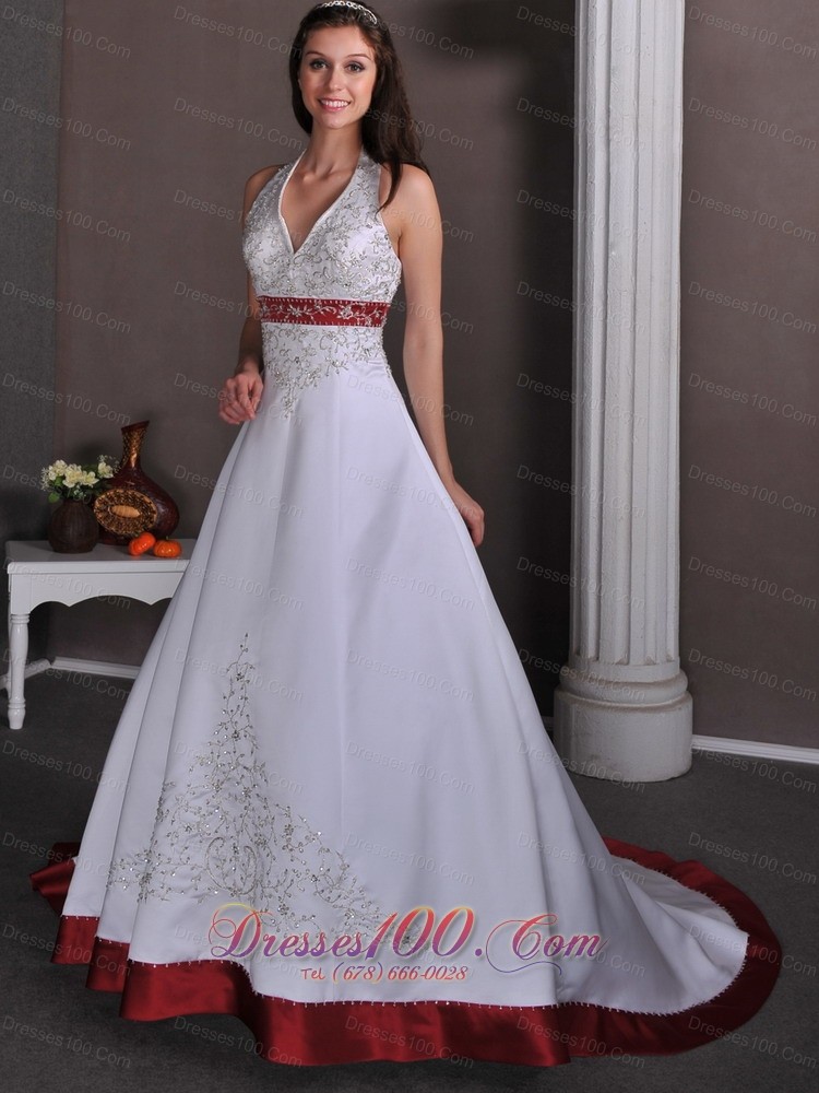 Colorful Church Wedding Gowns Halter Chapel Appliques Satin