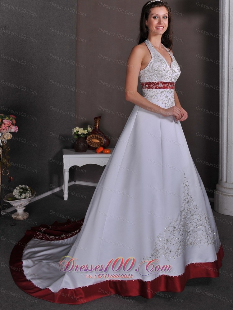 Colorful Church Wedding Gowns Halter Chapel Appliques Satin