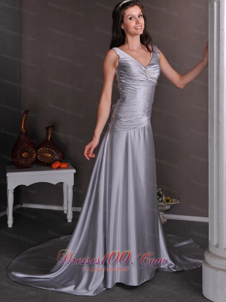 Lace-up Silver Brooch V-neck Themed Wedding Dress