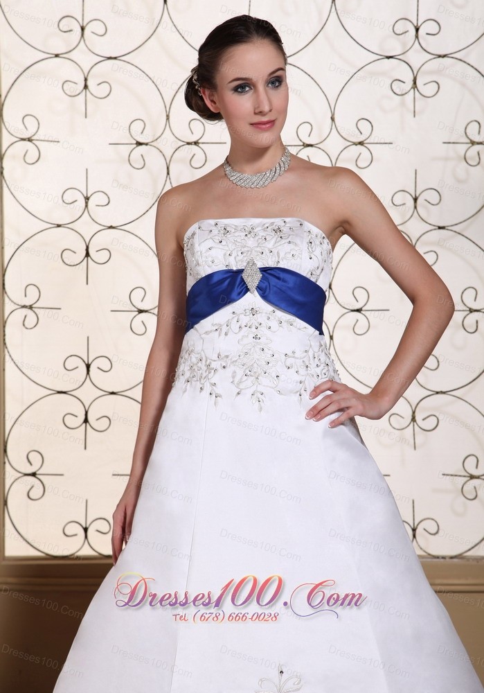 White and Royal Blue Embroidery Wedding Bridal Dress 2013