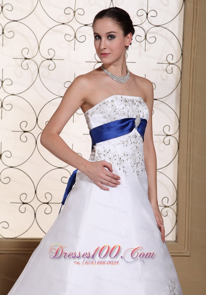 White and Royal Blue Embroidery Wedding Bridal Dress 2013