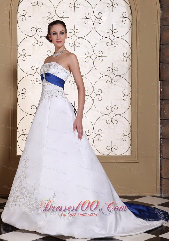 White and Royal Blue Embroidery Wedding Bridal Dress 2013