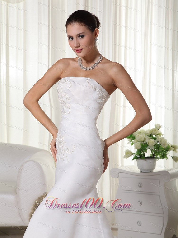 Mermaid Strapless Wedding Dress Brush Train Appliques