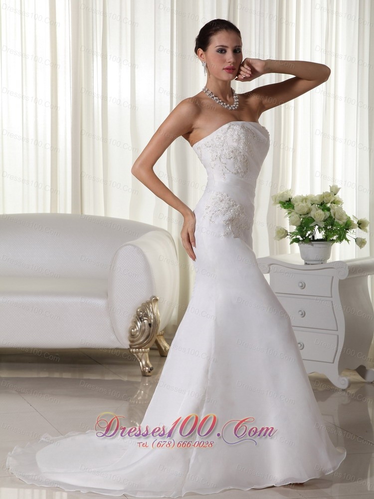 Mermaid Strapless Wedding Dress Brush Train Appliques